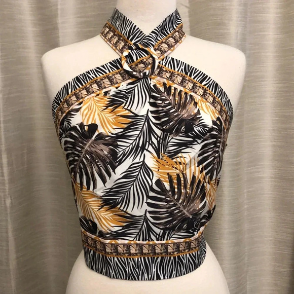 NEW with Tag Milk & Honey Black & Gold Palm Leaves Halter Crop Top | Sz Large - Picture 2 of 8